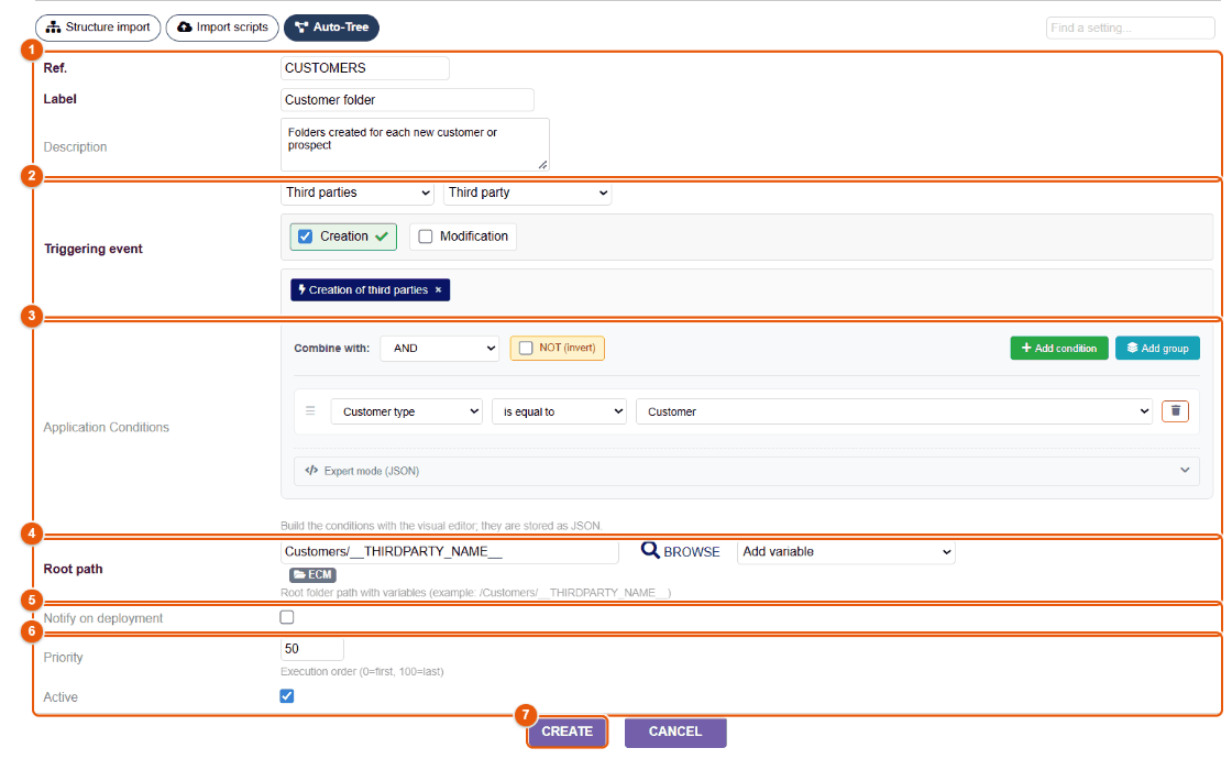 Form to create a folder tree template