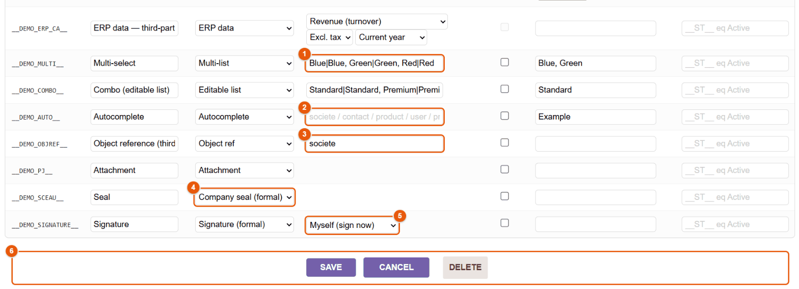 Options of lists, sources, seal and signature