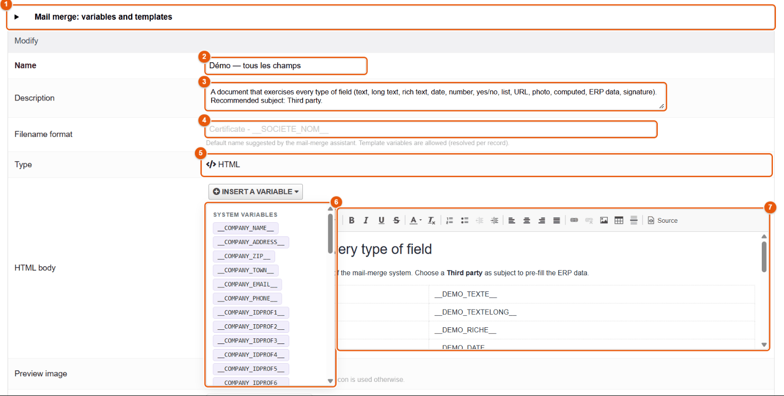 Record of an HTML template and its variable palette