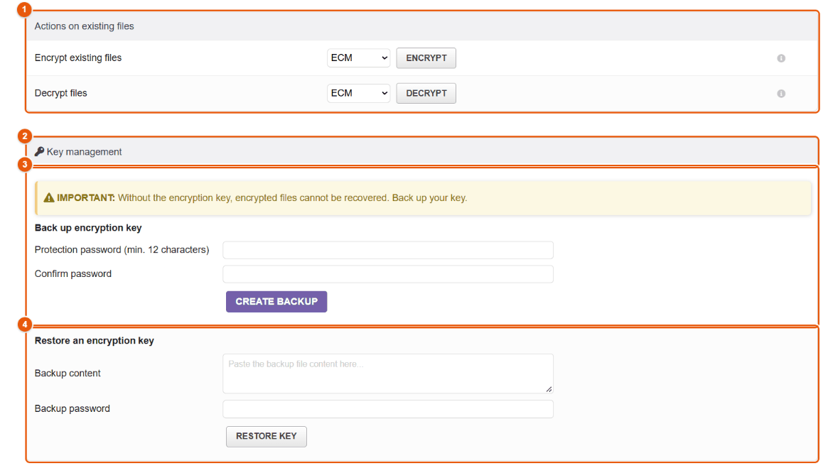 Actions on existing files and key management