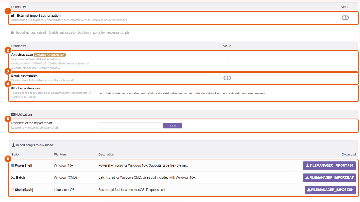 Settings of the import scripts