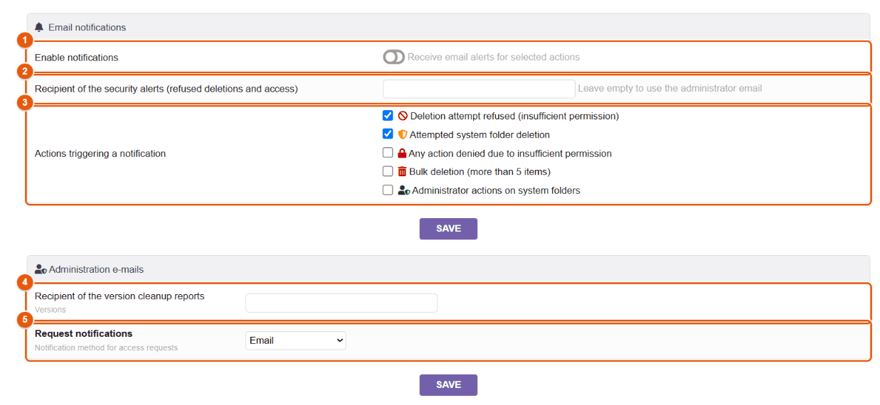Email notifications and administration emails