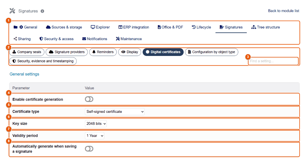 Digital certificates subtab