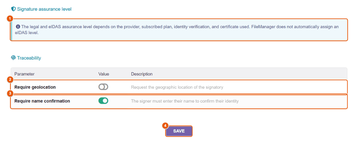 Assurance level and traceability