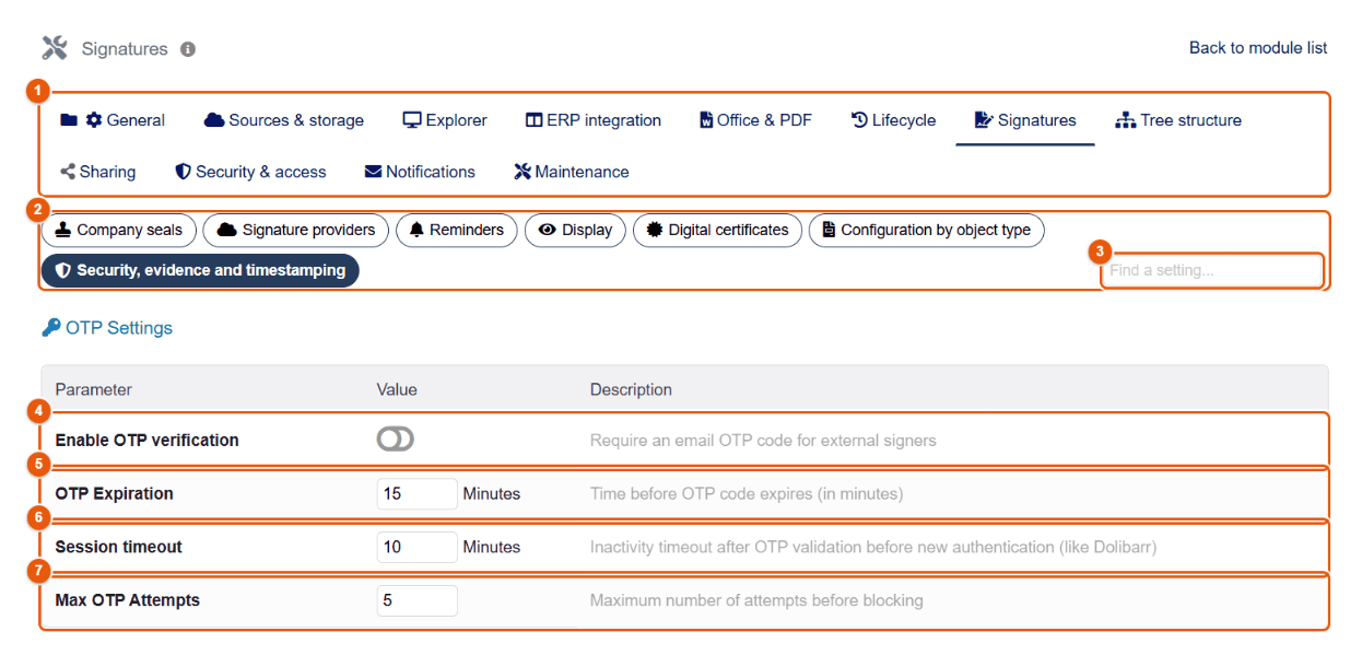 Security, evidence and timestamping subtab
