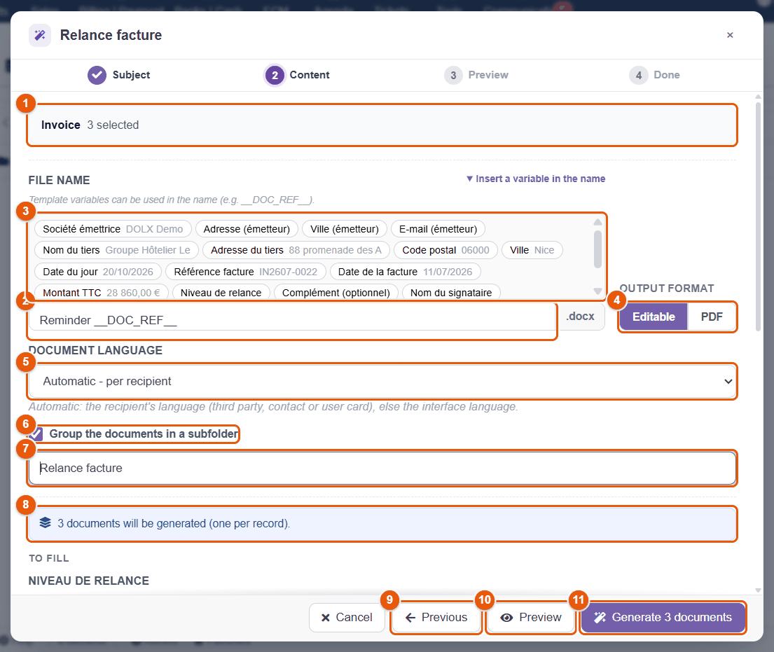 Content step: name, format, language, subfolder