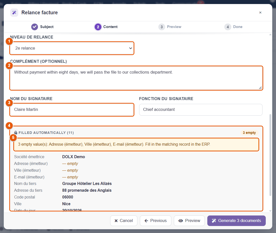 Fields to fill in and values filled automatically
