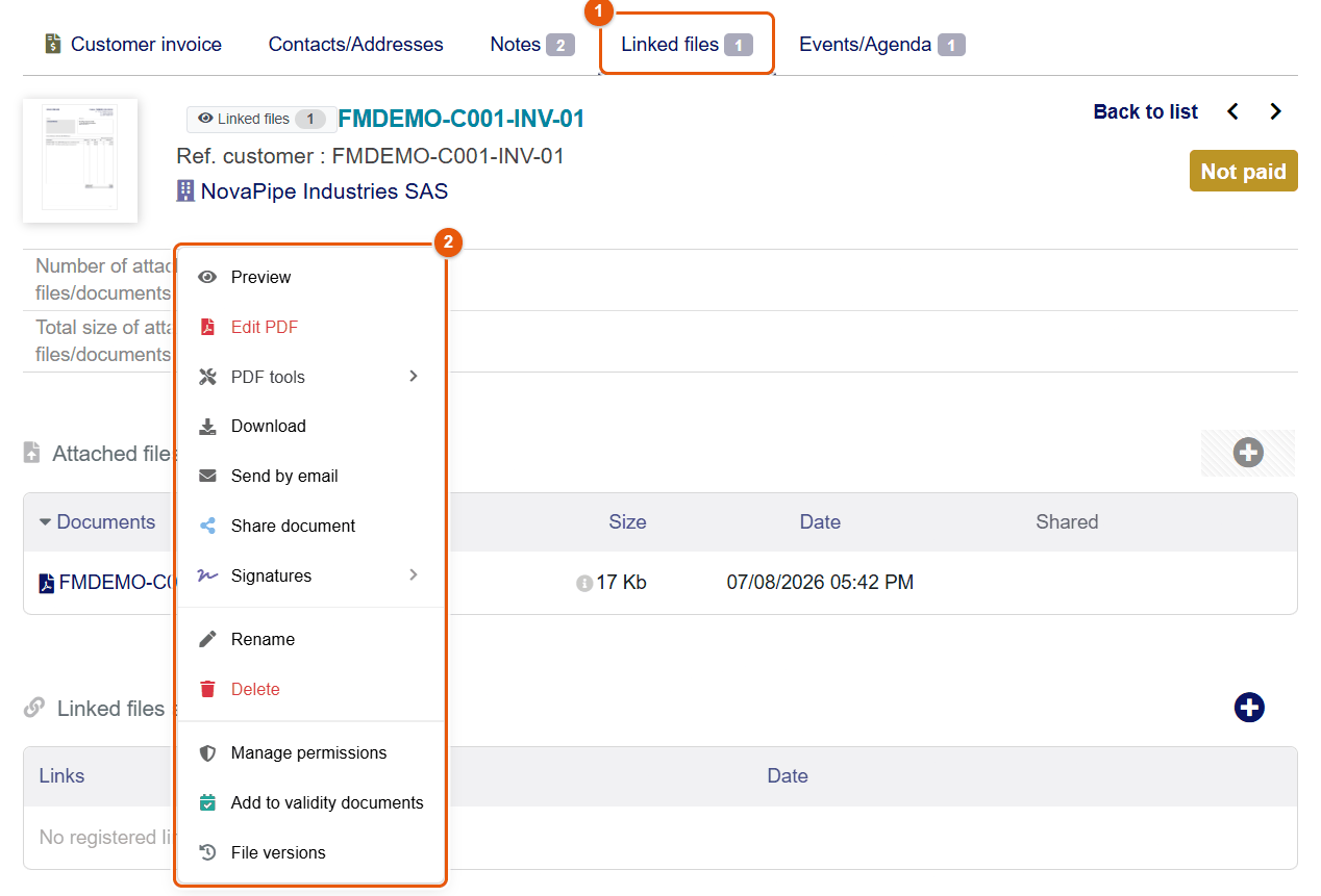 Context menu on the table of linked files of an invoice