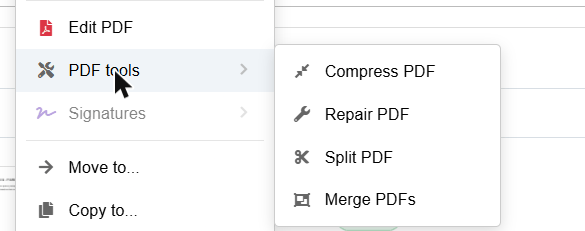 PDF tools submenu