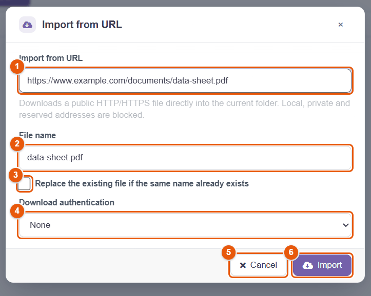 Import from URL window