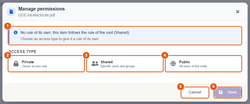 Manage permissions window, item without its own rule