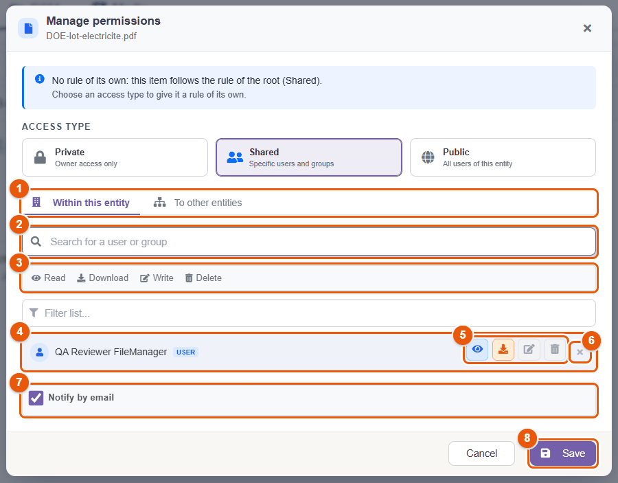 Manage permissions window, shared access
