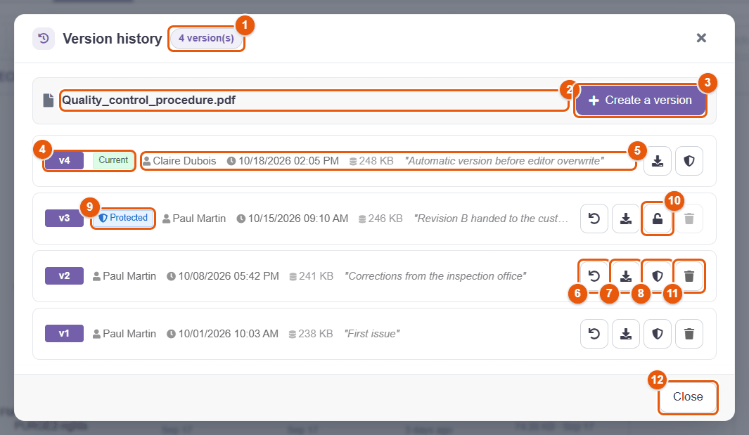 Version history window