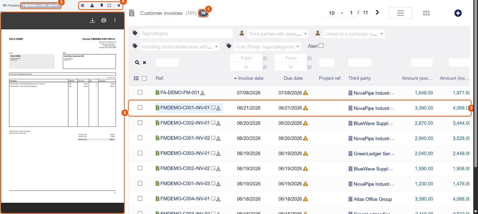Automatic viewer on the list of invoices