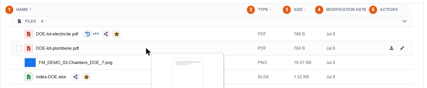 Hovering over a row in list view