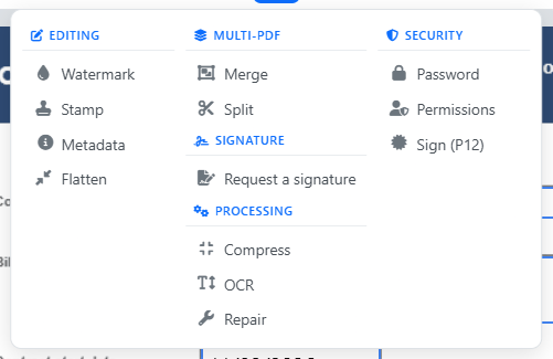 Advanced tools menu of the PDF editor