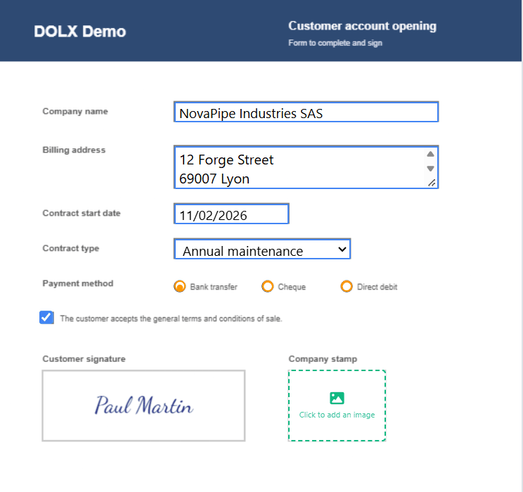PDF form filled in and signed in the editor
