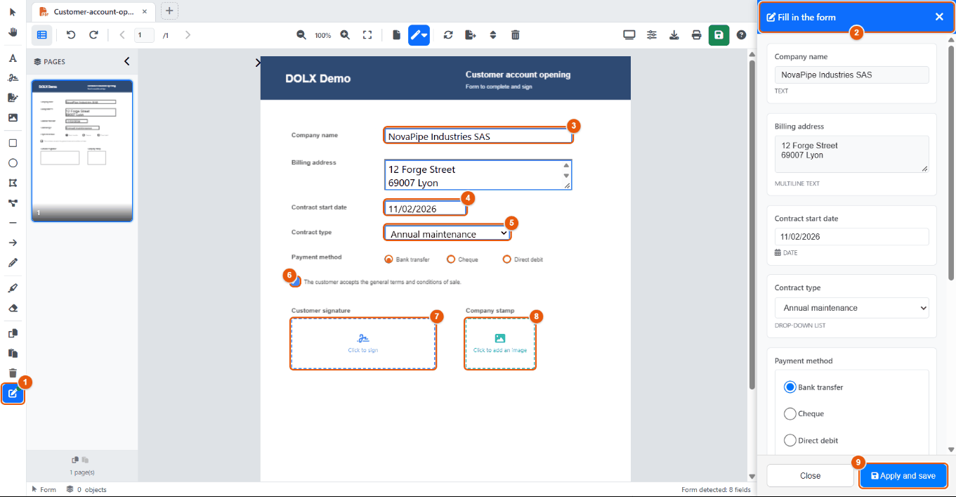 PDF editor in form mode, Fill in the form panel open
