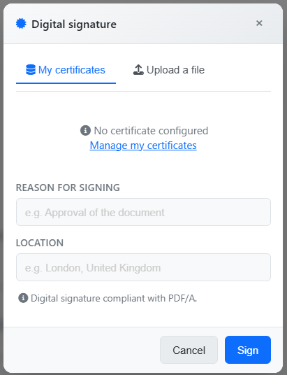 Digital signature window of the PDF editor