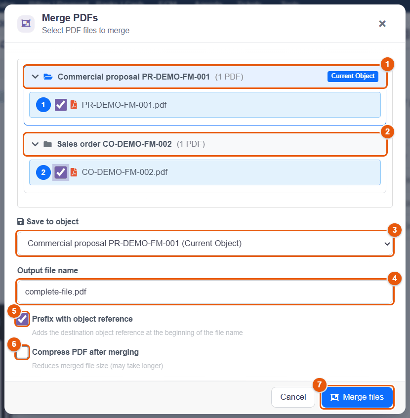 Merge PDF window opened from the tray of a proposal