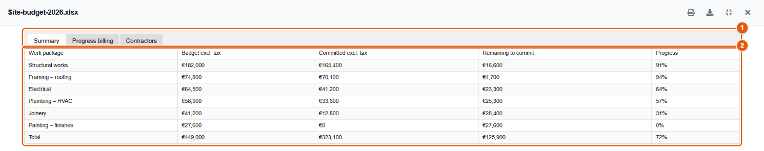 Preview of an Excel workbook with sheet tabs