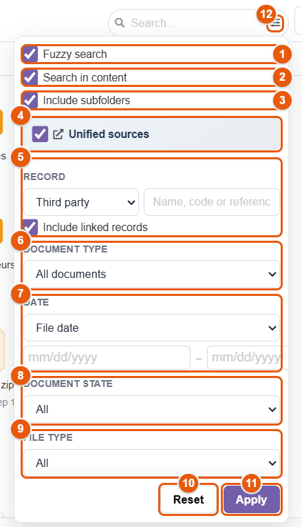 Search options panel