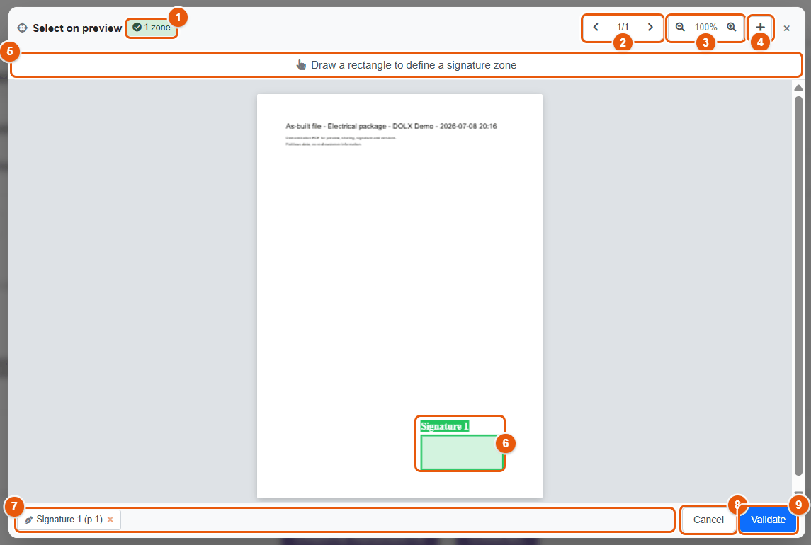 Selecting the signature zone on the preview