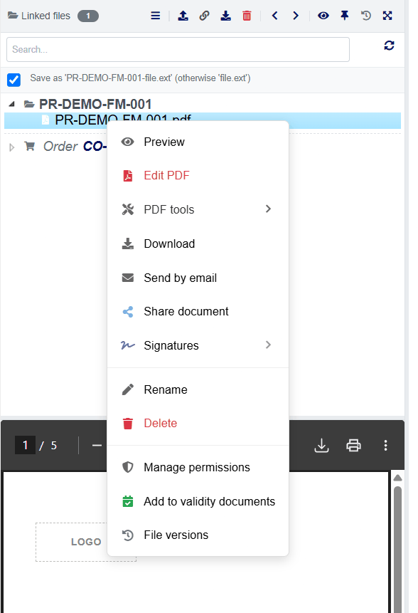 Context menu of a PDF in the tray