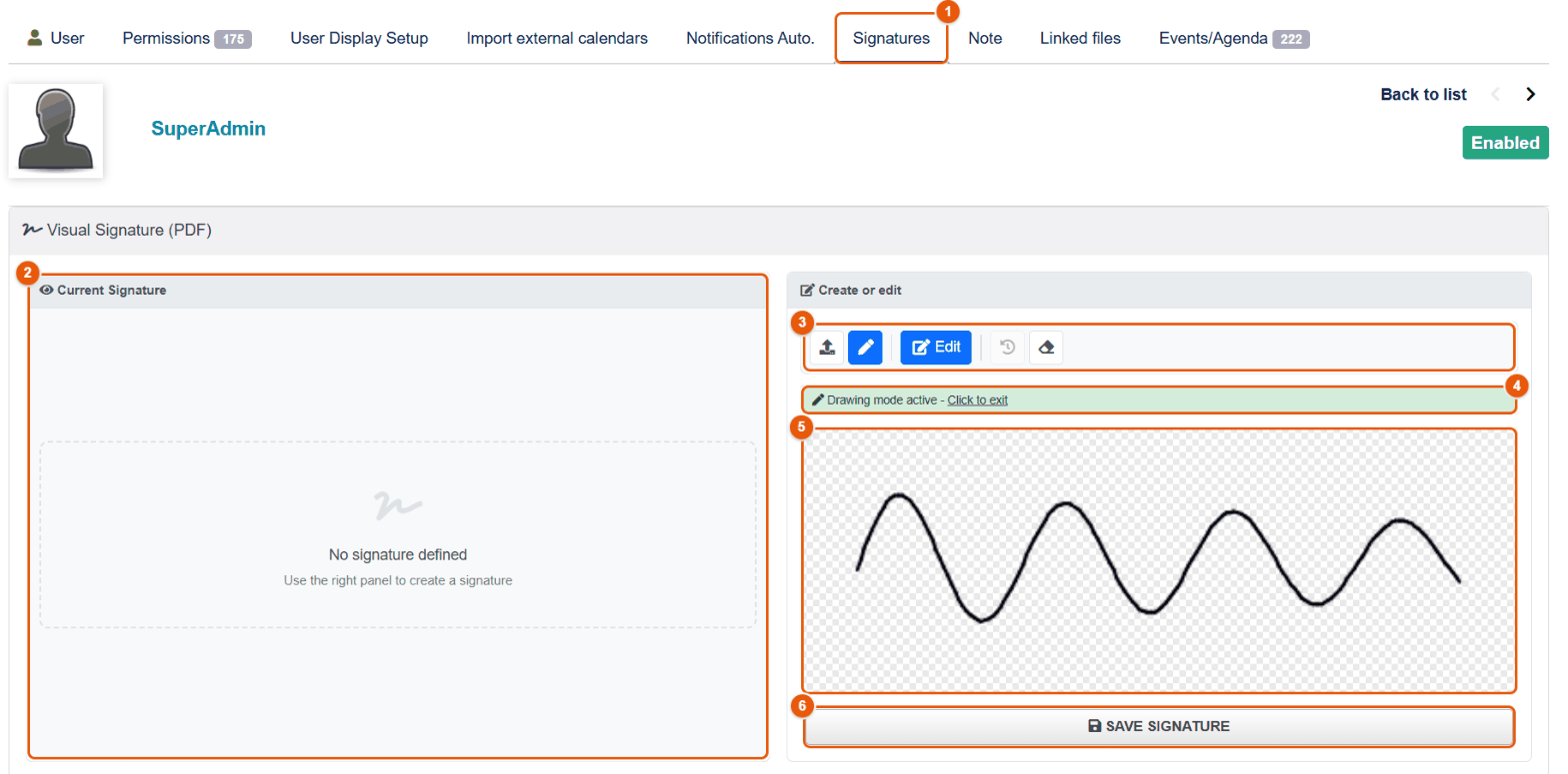 Signatures tab of the user card