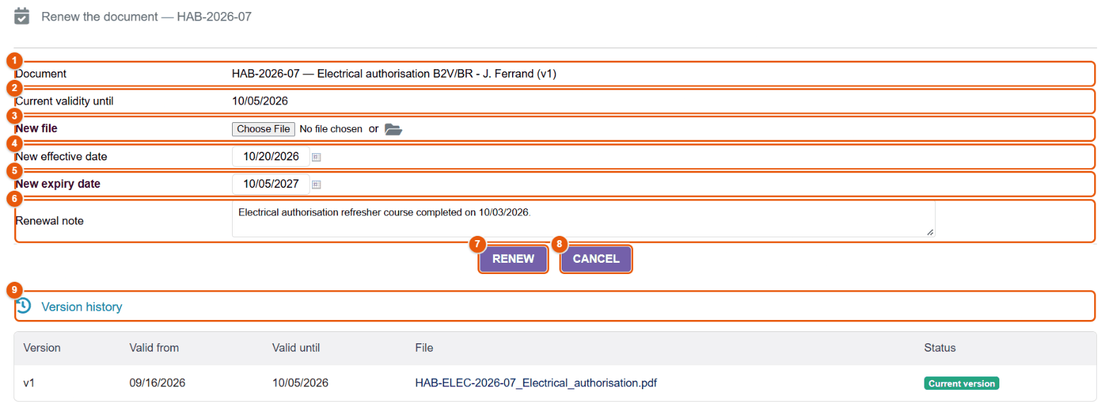 Renewing a document with a validity date