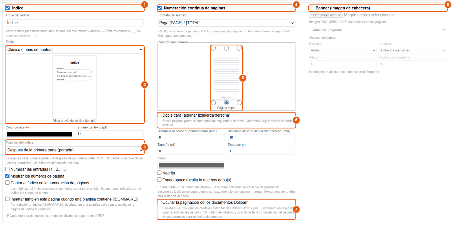 Opciones de composición de un paquete