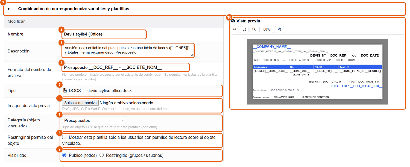 Ficha de una plantilla Word