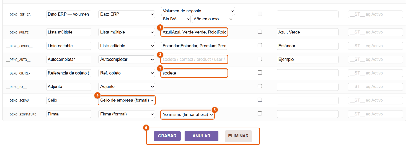 Opciones de listas, fuentes, sello y firma