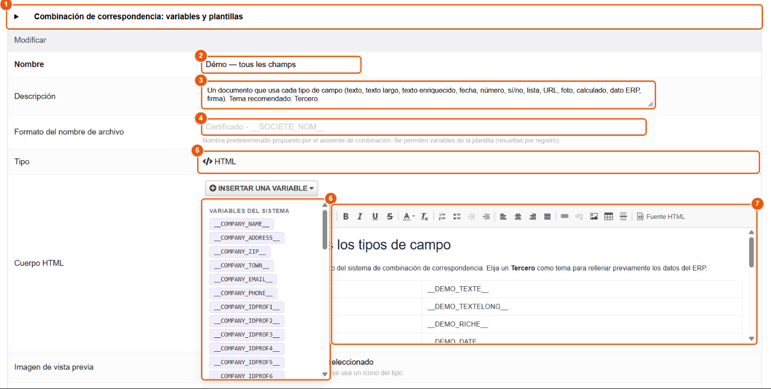 Ficha de una plantilla HTML y su paleta de variables