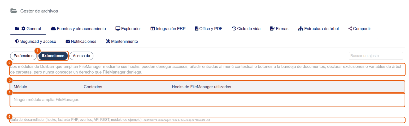 Subpestaña Extensiones