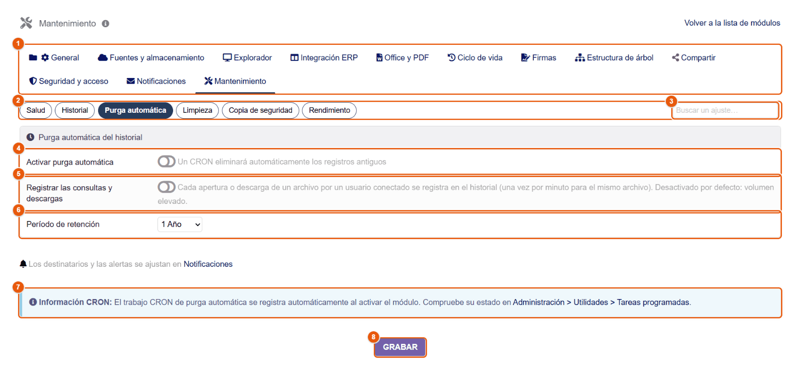 Subpestaña Purga automática