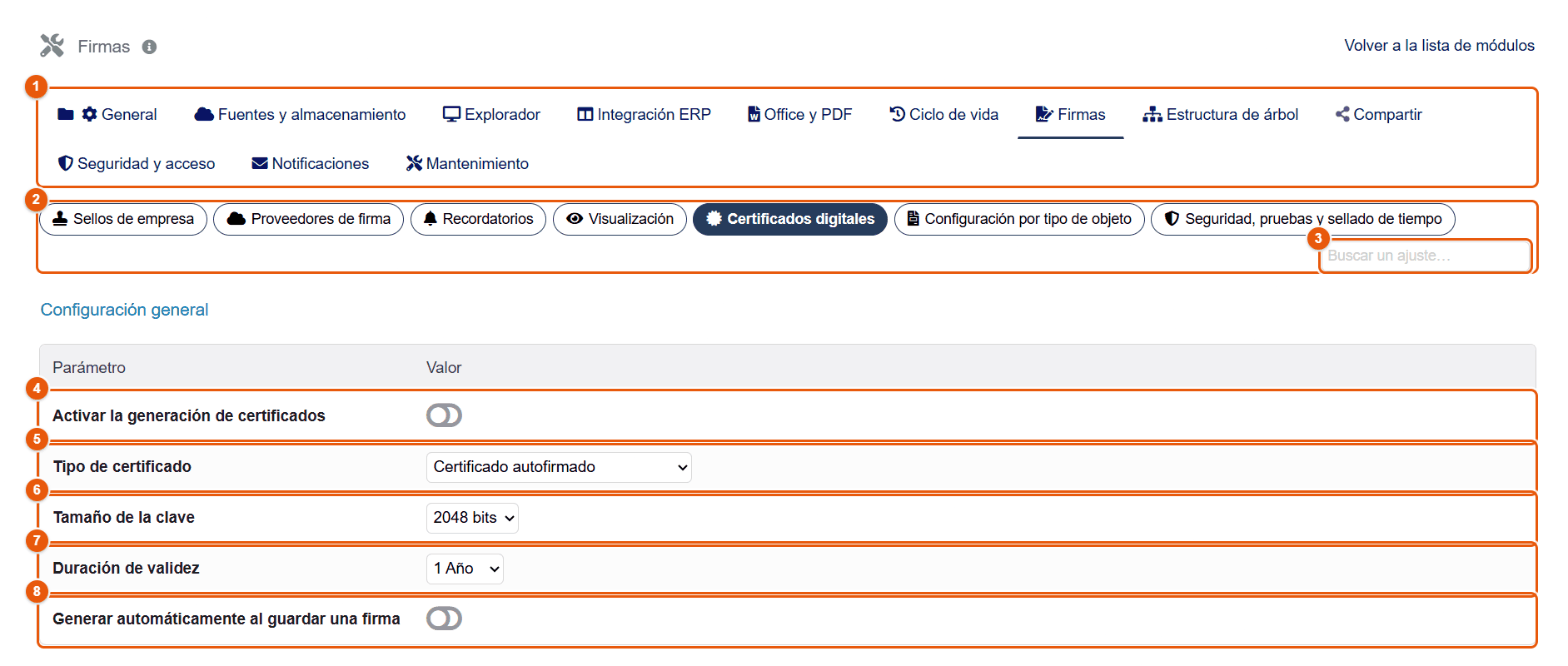 Subpestaña Certificados digitales