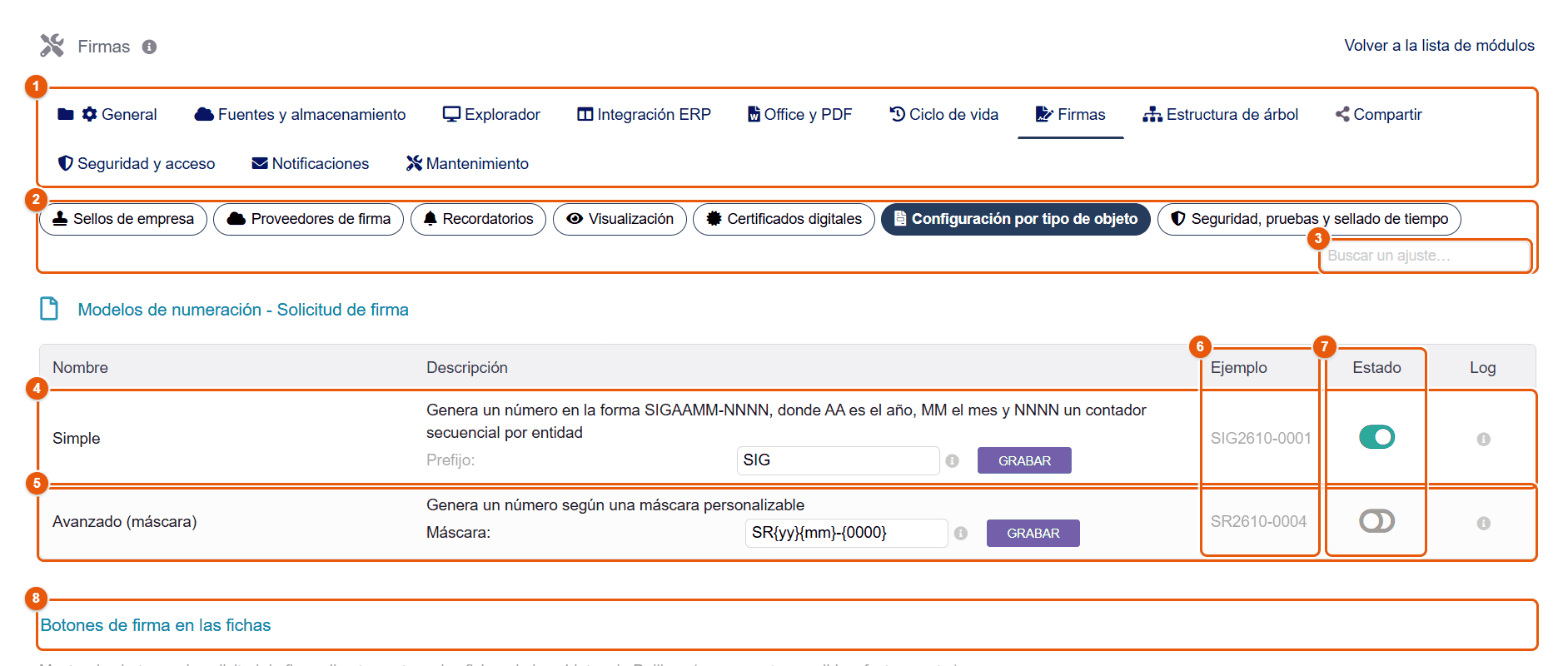 Numeración de las solicitudes de firma
