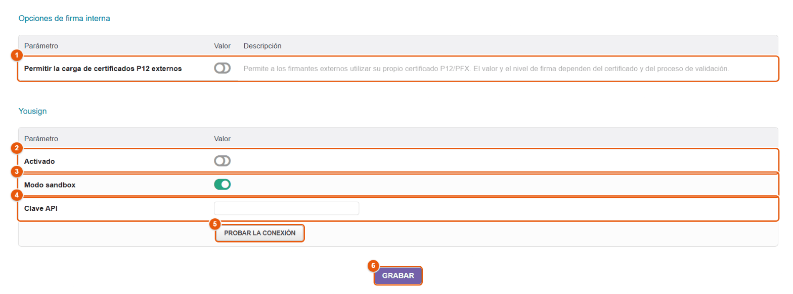 Opciones de la firma interna y de Yousign