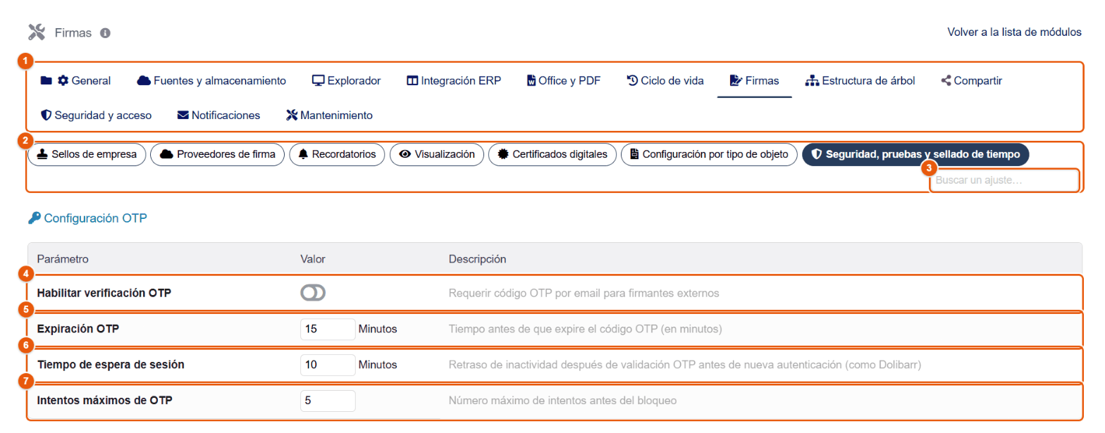 Subpestaña Seguridad, pruebas y sellado de tiempo