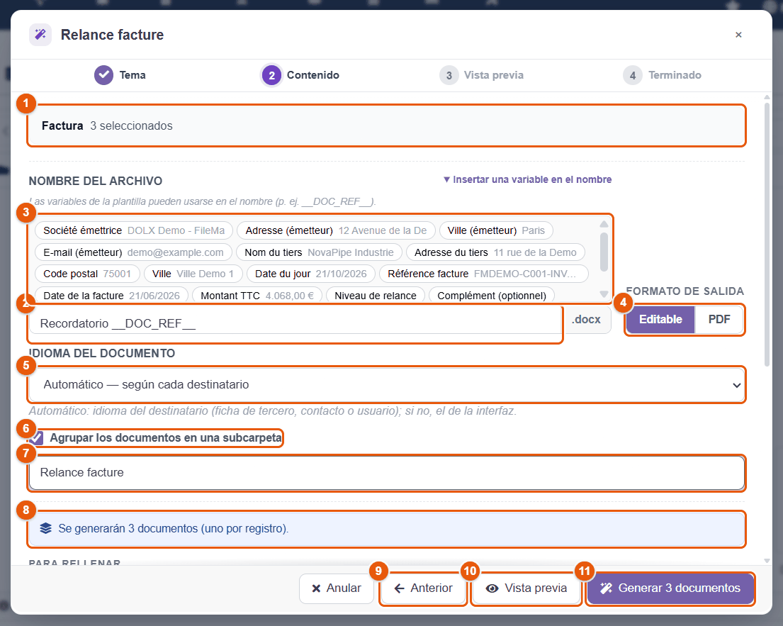 Paso Contenido: nombre, formato, idioma, subcarpeta