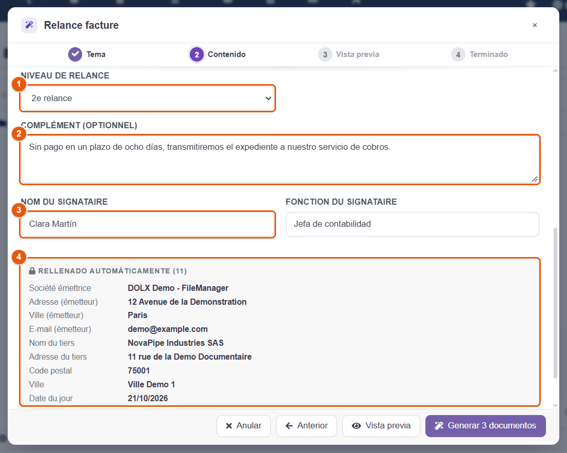 Campos que rellenar y valores rellenados automáticamente