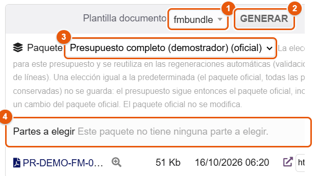 Generación de un paquete en una ficha de presupuesto