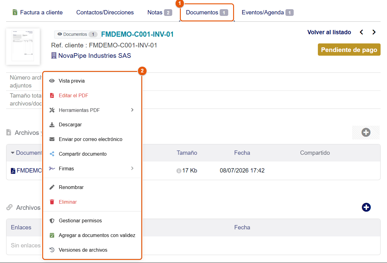 Menú contextual en la tabla de archivos vinculados de una factura