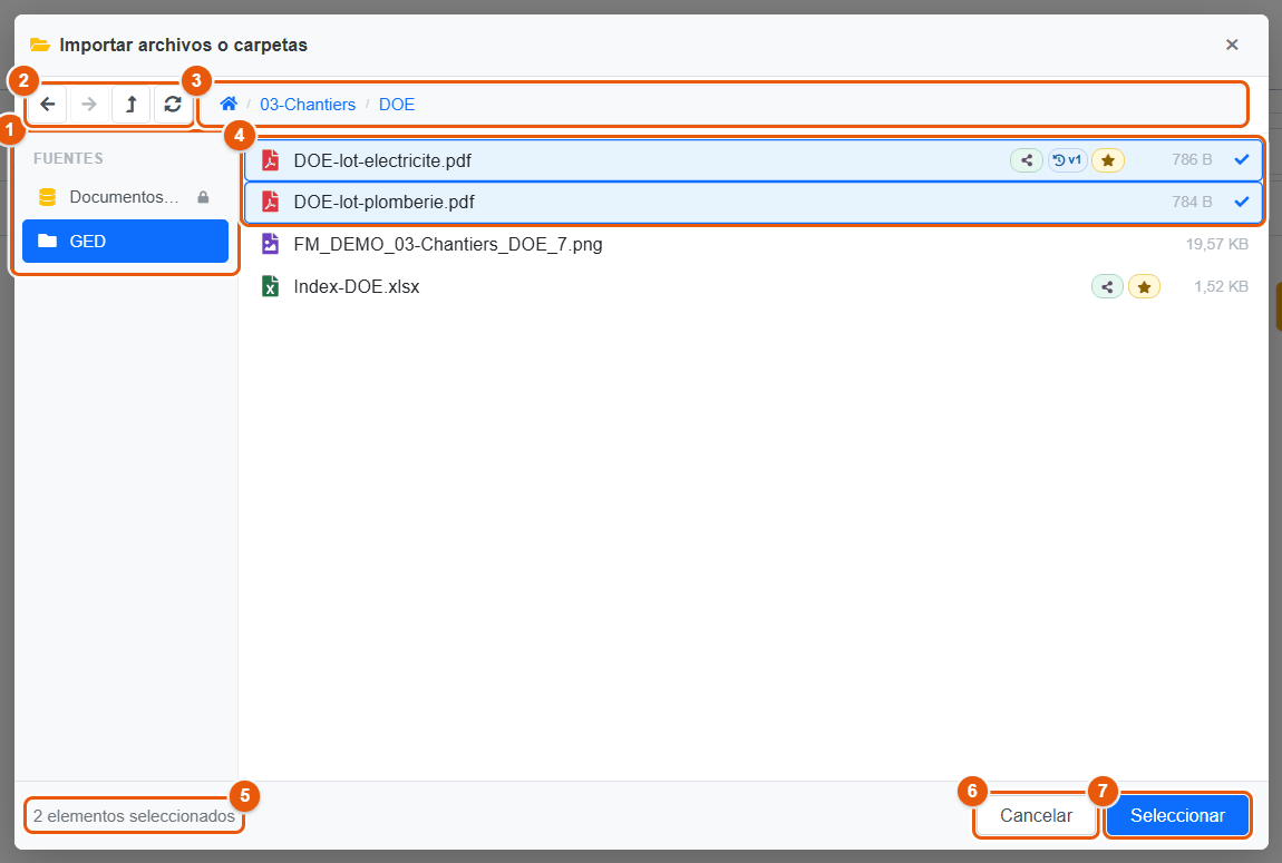 Selector para importar archivos o carpetas