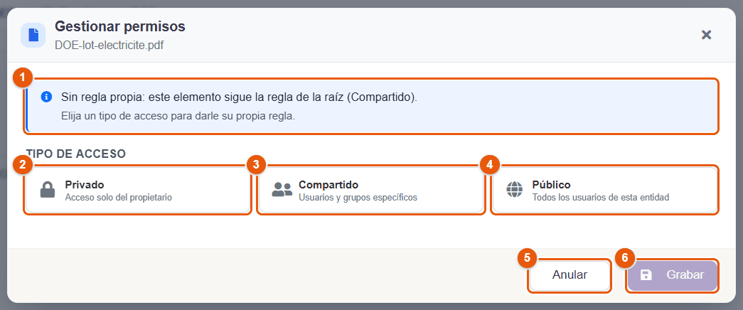 Ventana Gestionar permisos, elemento sin regla propia