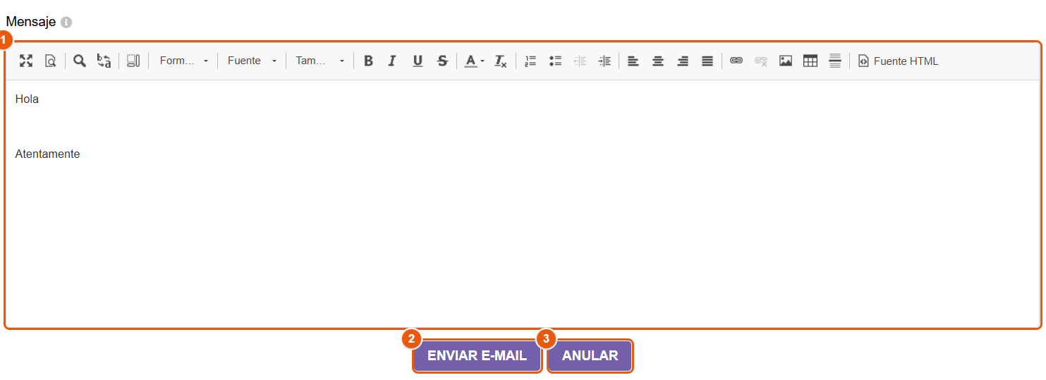 Formulario de correo, mensaje