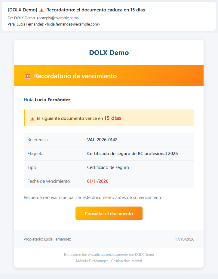 Correo de recordatorio antes del vencimiento de un documento