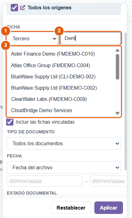 Elección de una ficha en el filtro Ficha