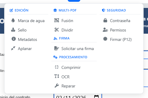 Menú Herramientas avanzadas del editor PDF